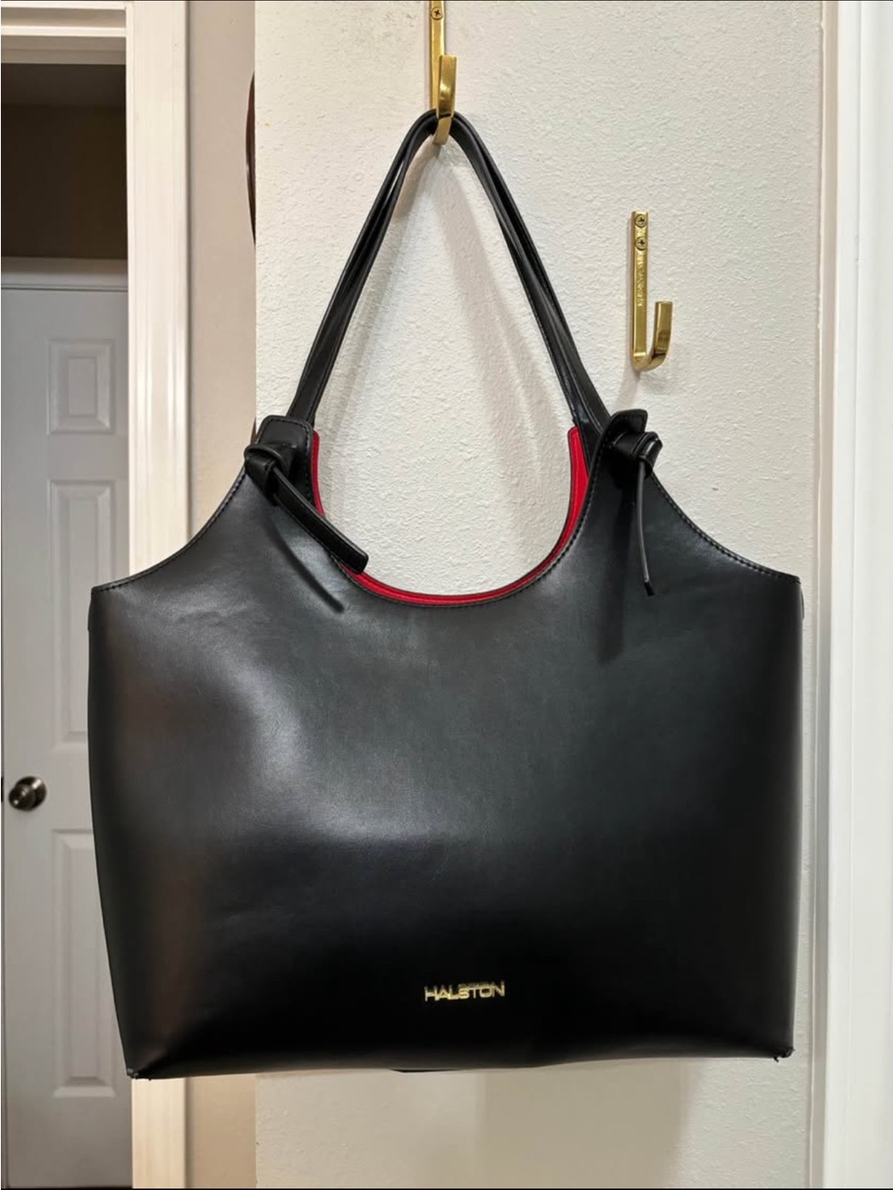 Halston Heritage Black Leather Tote with Red Interior